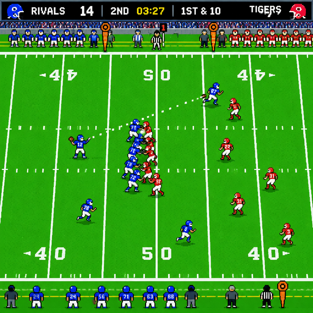 Live play on a bright pixel football field